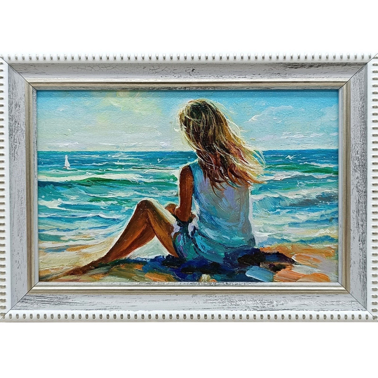 Beach Girl Original Oil Painting 4×6 Framed Signed Woman Sea Beachfront Art
