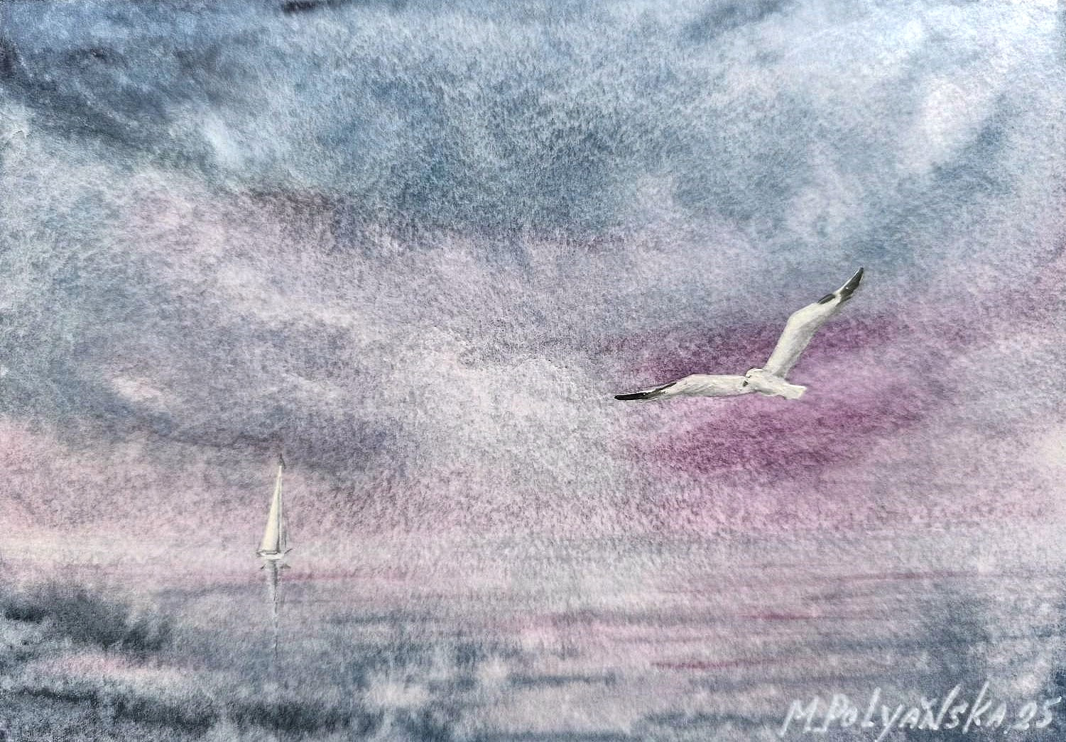BIRD SEAGULL FLY CLOUDY SKY Original Art Painting Landscape Seascape Sig Gift A5