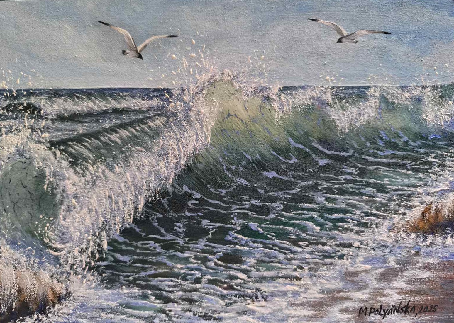 TEXTURED IMPASTO OIL Original Art Painting BERDS WAVES SKY Landscape Seascape A4