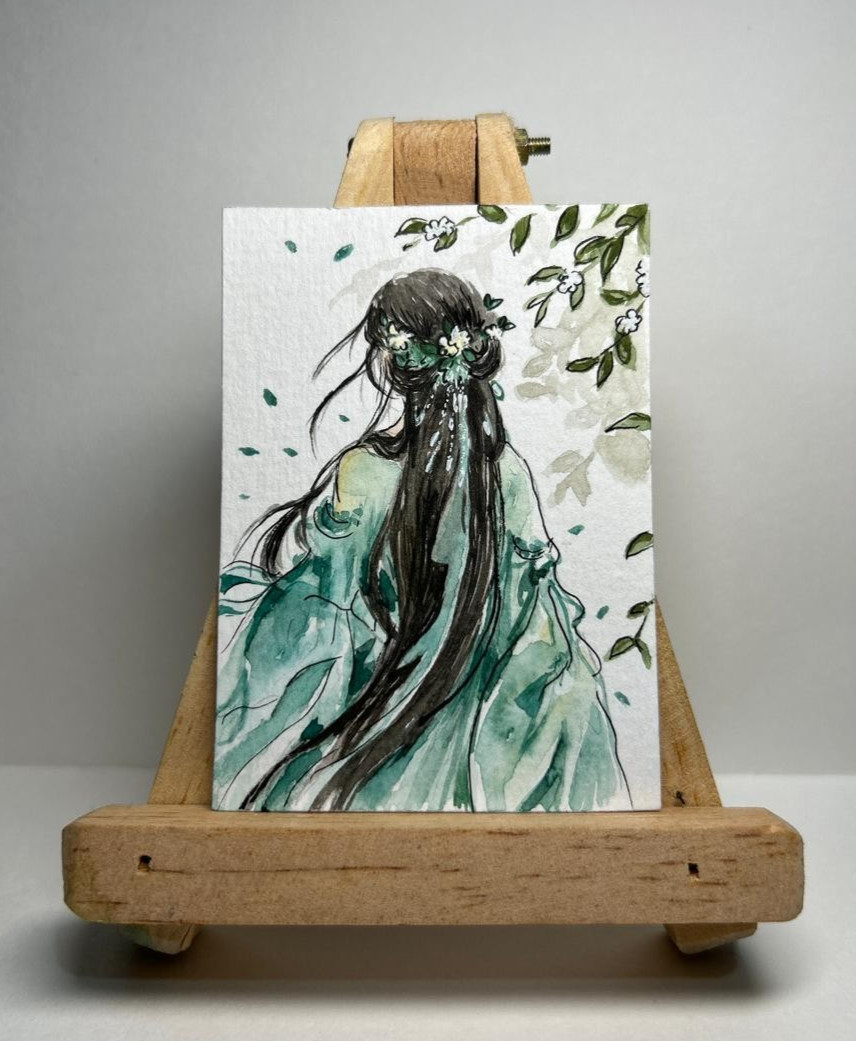 ACEO Original Watercolor Painting OOAK Asian Fantasy Girl Nature Ethereal Art