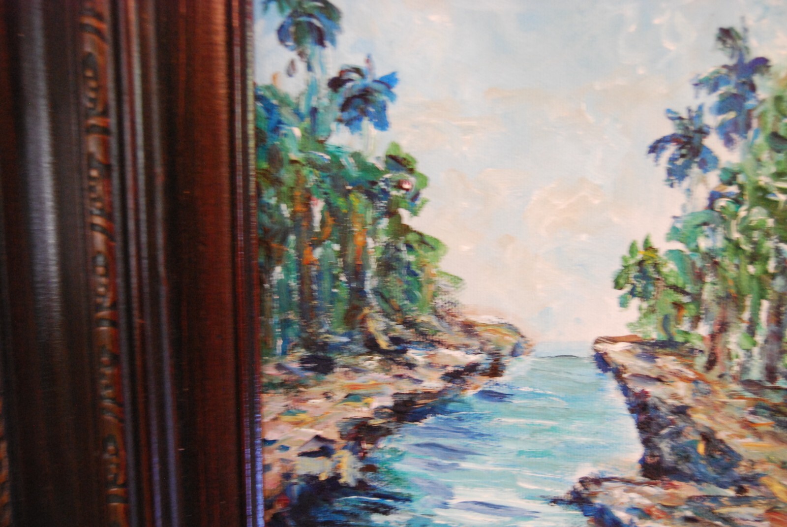 FRAMED ORIGINAL OIL RIVER, PALMS & SKY CUBAN COUNTRY SCENE ARTIST: HECTO VIDAL