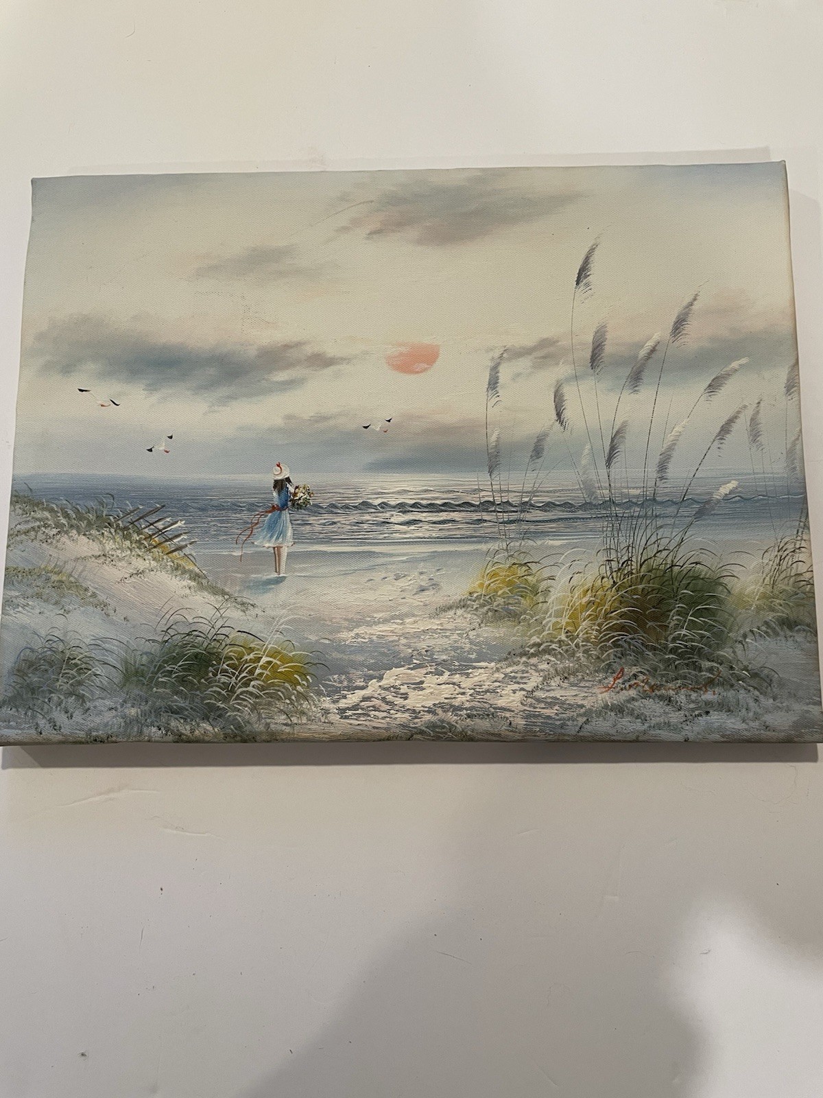 VINTAGE ORIGINAL OIL? PAINTING/ ART BEACH AND GIRL SIGNED