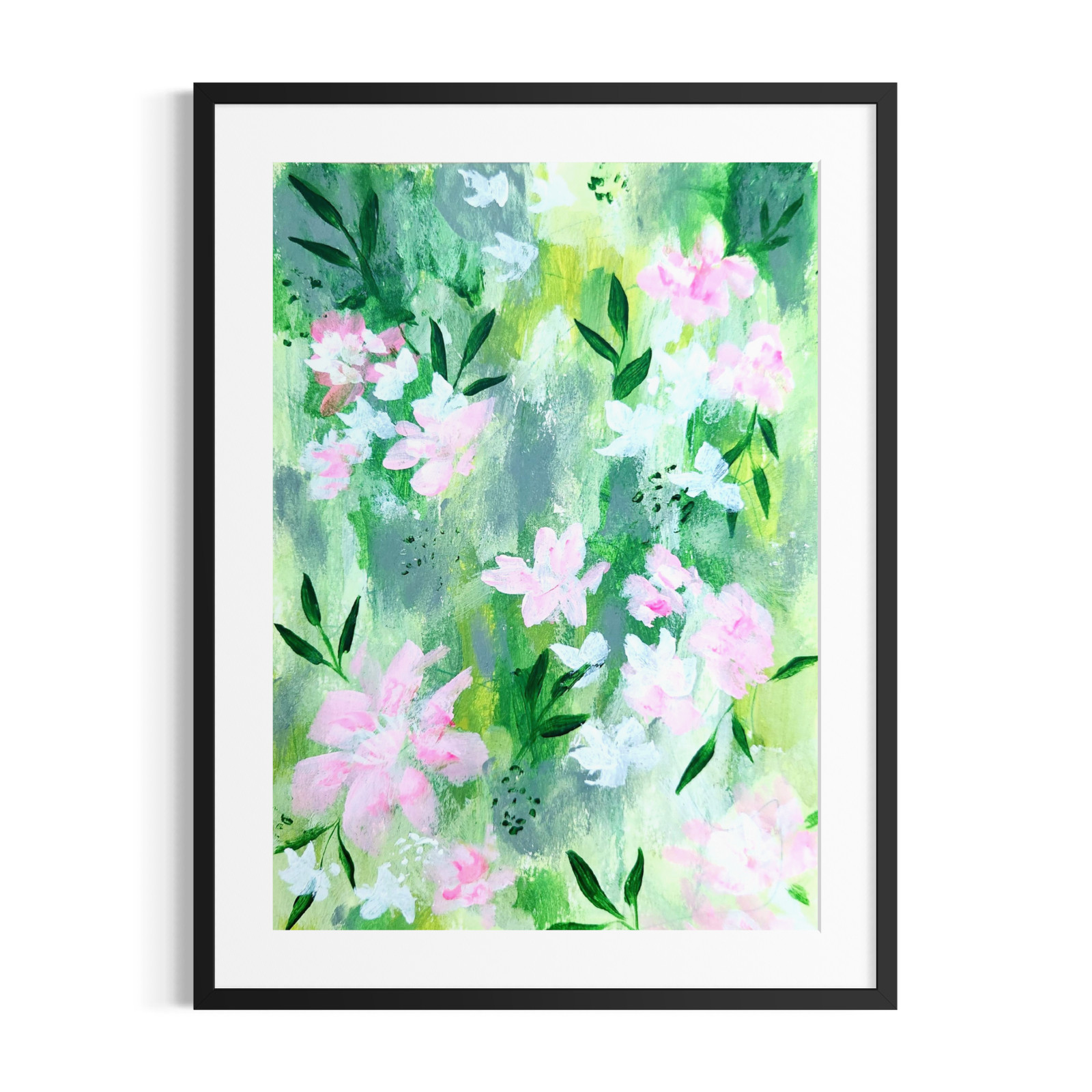 Abstract Original 5×7 Floral Painting Paper Green Pink Home Decor