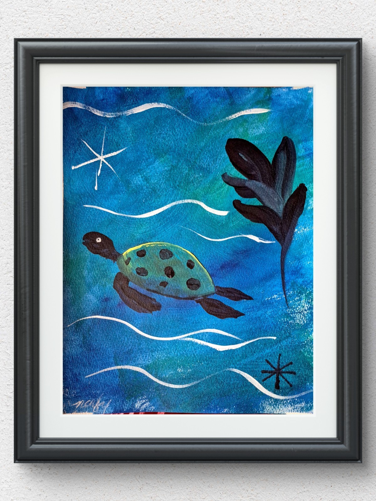 Original Signed 11×14 Abstract Animal Acrylic Art Bold Blue Teal Home Decor 175