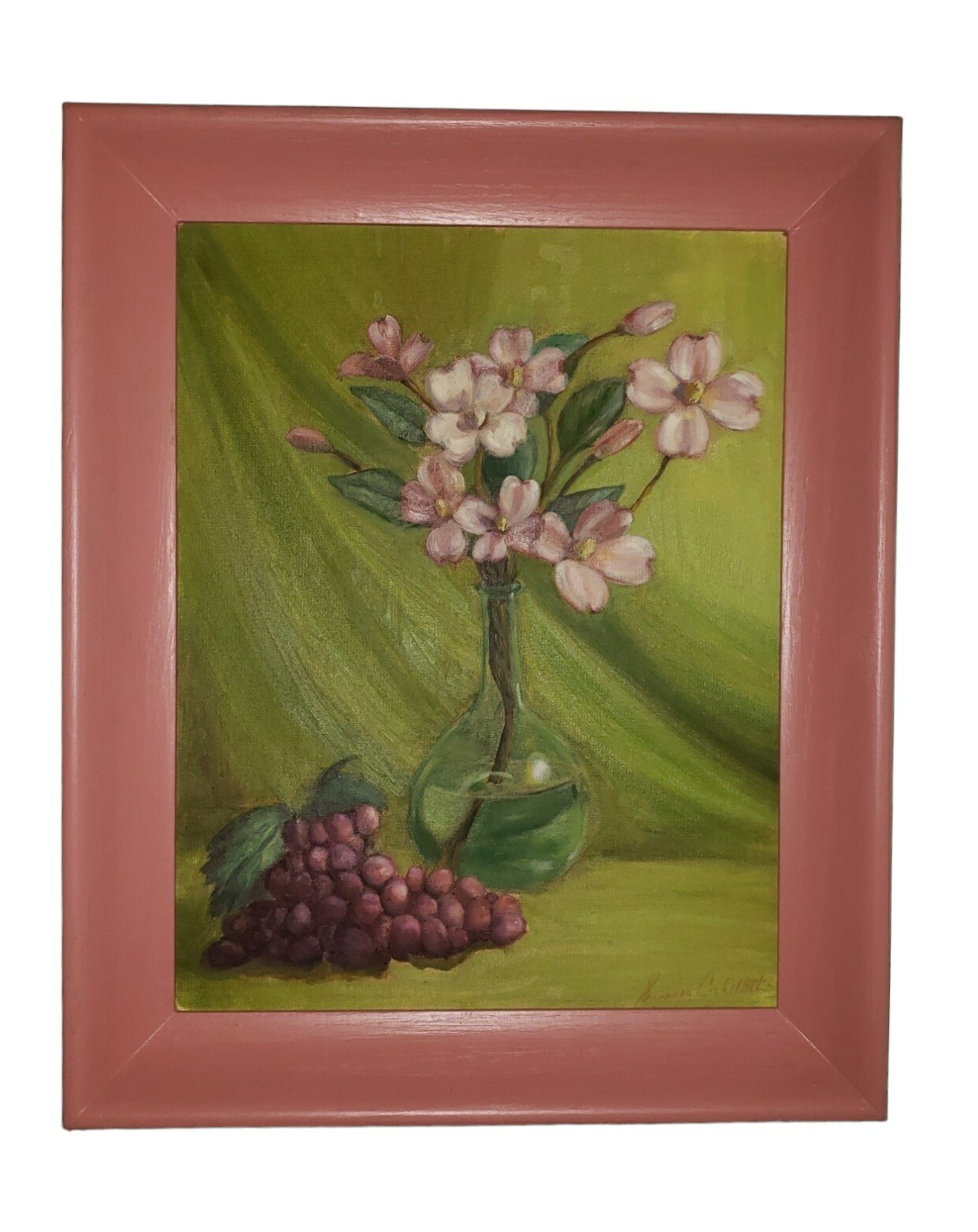Original Oil Painting On Board Still Life Pink Flowers Grapes Signed Corbelletta