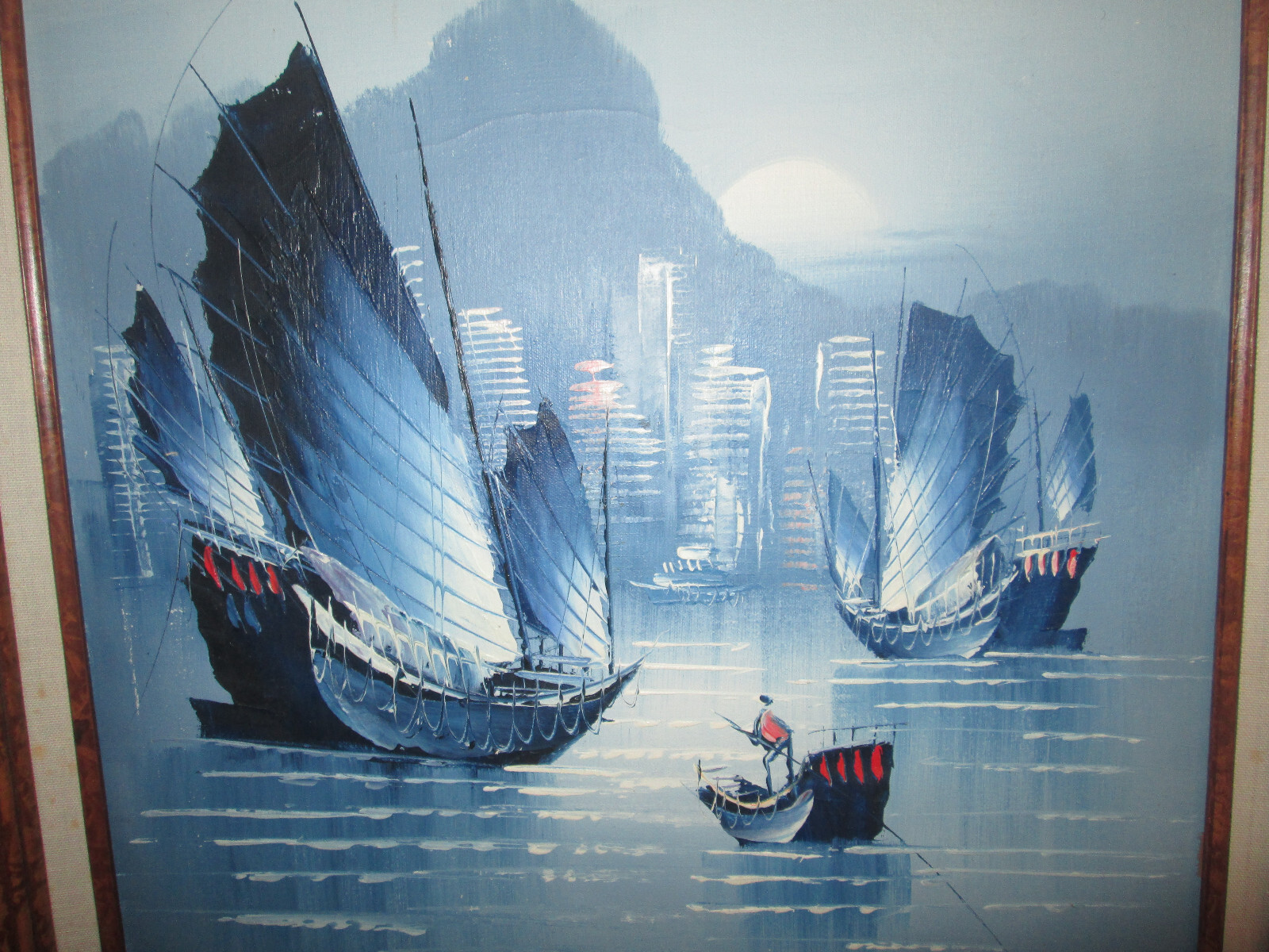 Original 20th Century Vintage Oriental Seascape Boats Oil & Impasto Painting