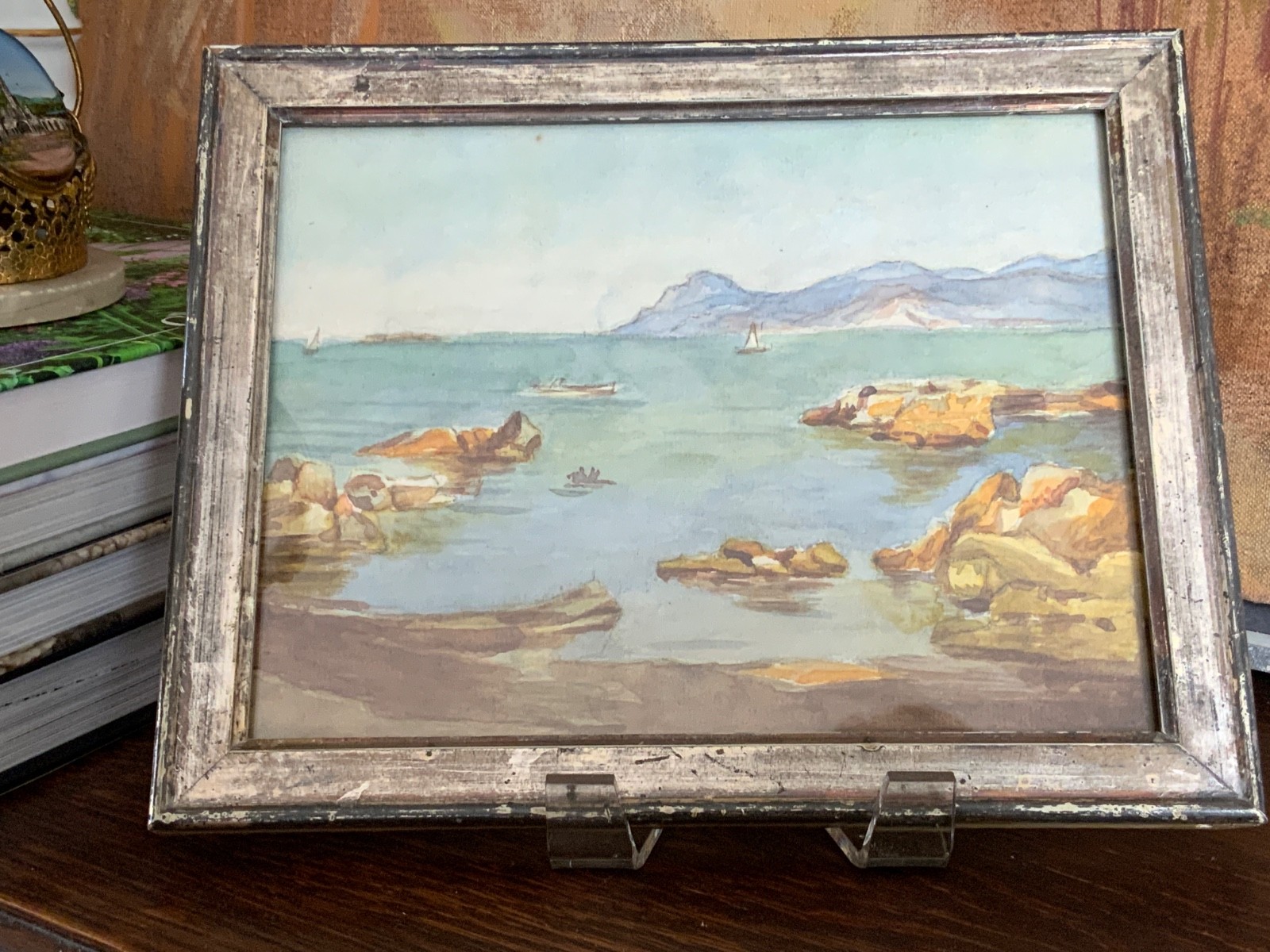 French Watercolor Painting Small of the Sea & Coast Framed under Glass