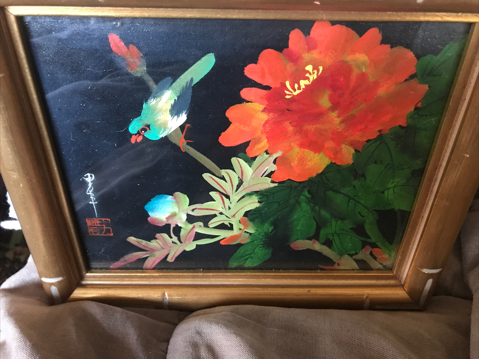 Chinese – Original – Signed – Red Flowers – Blue Bird – Floral – Painting – Art