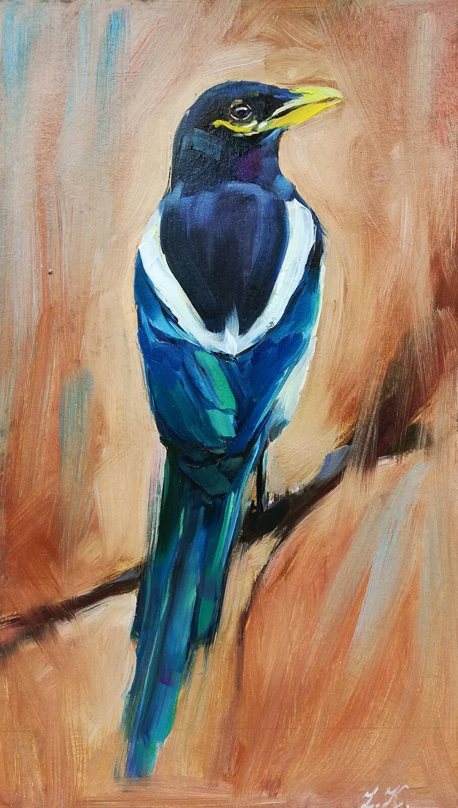 Original Oil Painting Magpie Bird on Branch Art Nature Wall Art