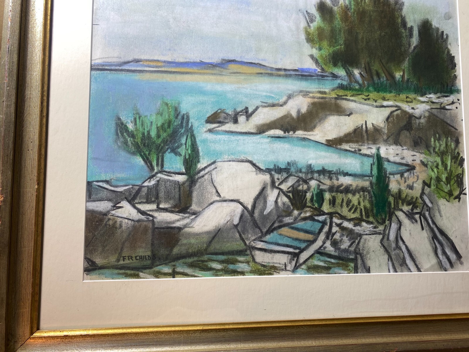 Frederick Childs (1908 – 1978) «Coastal Landscape» Pastel Painting-Signed/Framed