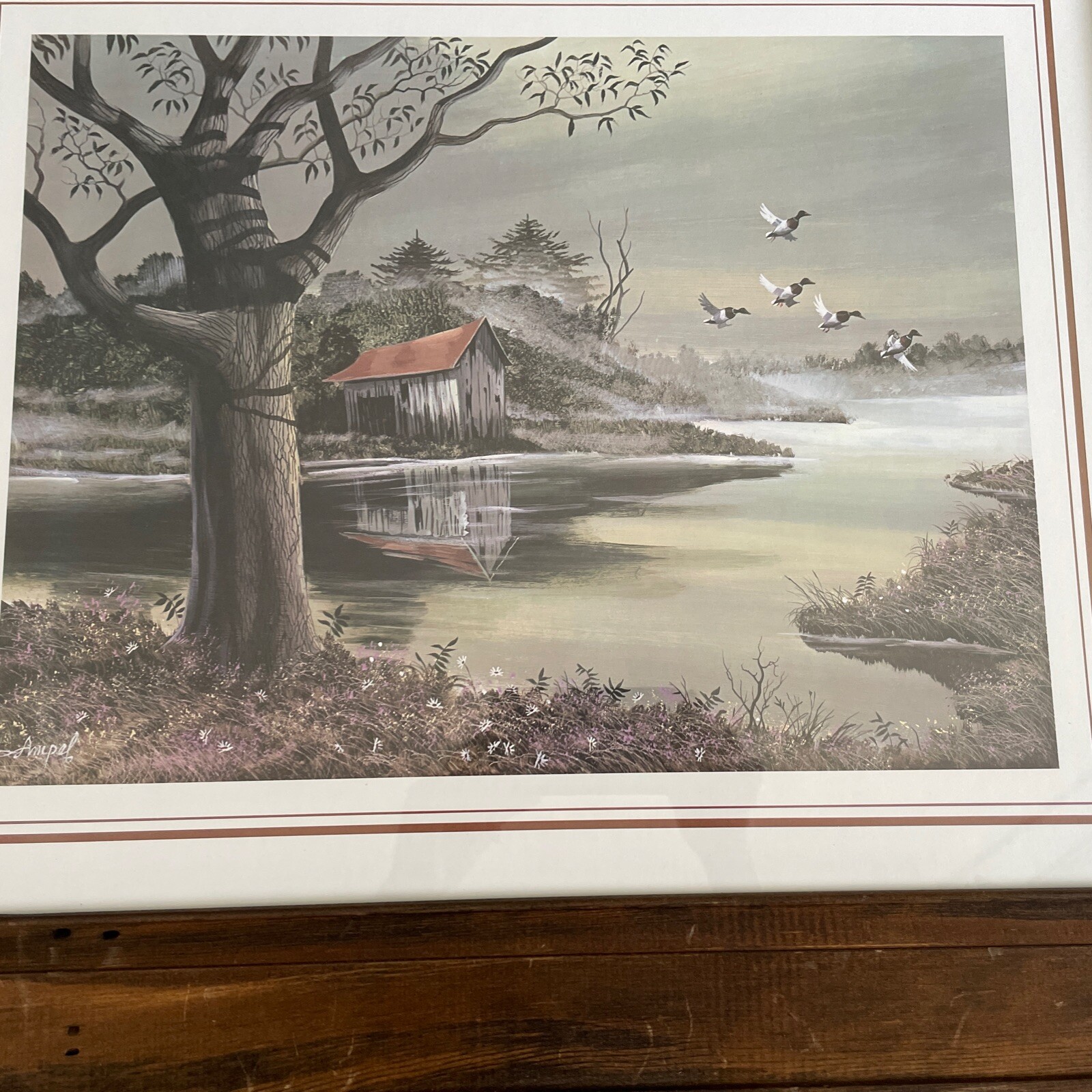Lakeview Landscape w geese Painting 26″X21.5″ by Ampal Vtg DistresWood Frame