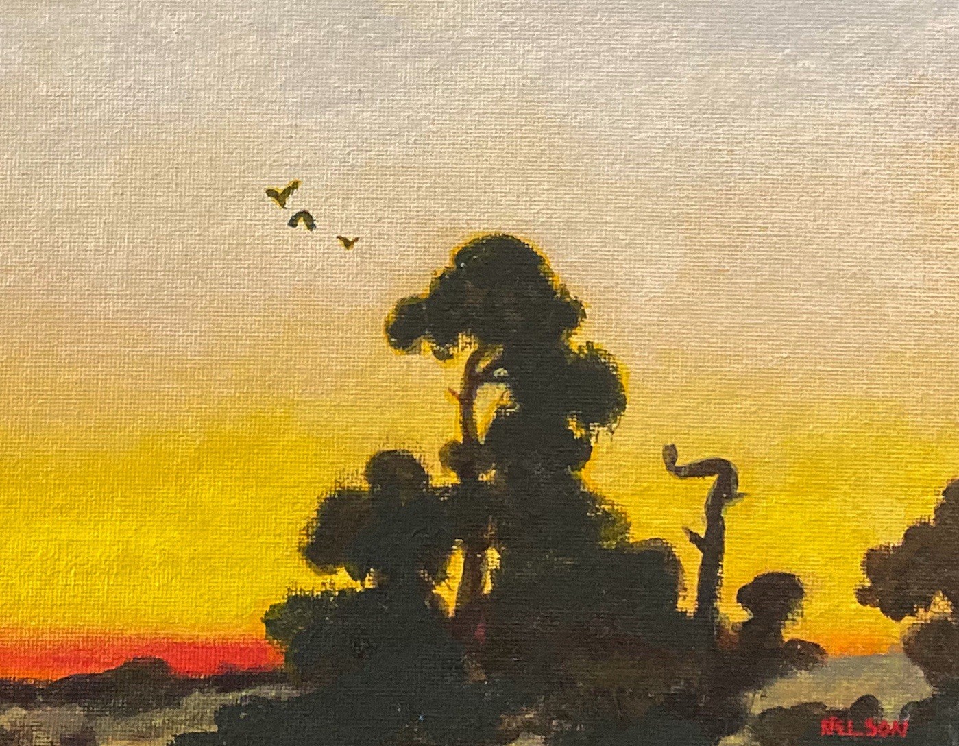Sunset Pine Trees Crows Landscape Art Oil Painting Realism Impressionism Sky