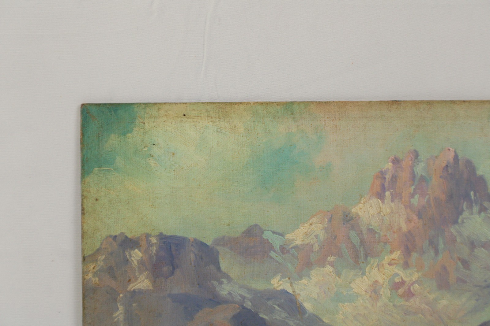 Antique Gem Snow Capped Mountain Lake Small Landscape Oil Painting Unsigned