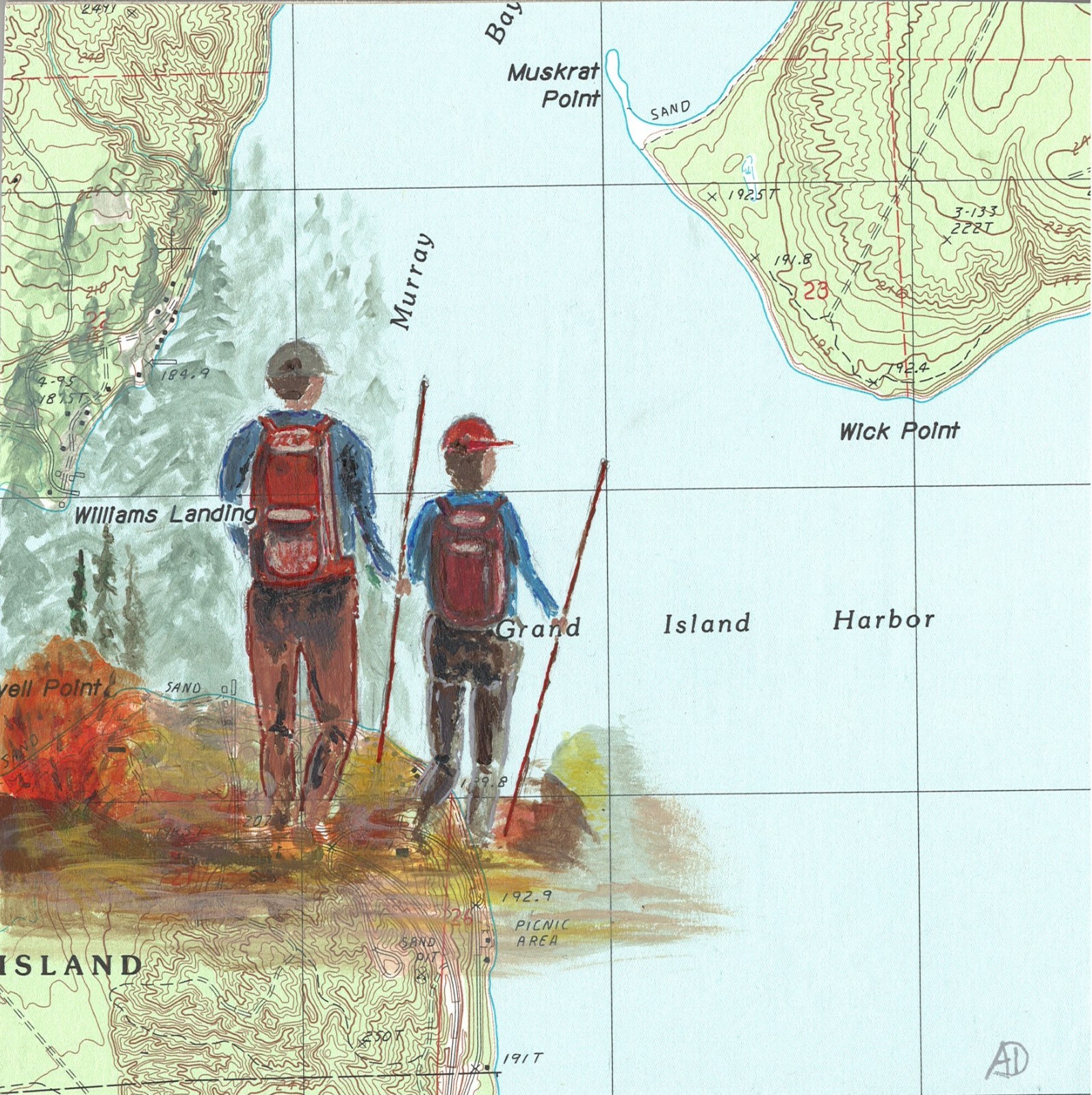 6×6 PRINT of original painting «Hiking Pictured Rocks» wood panel/ easel