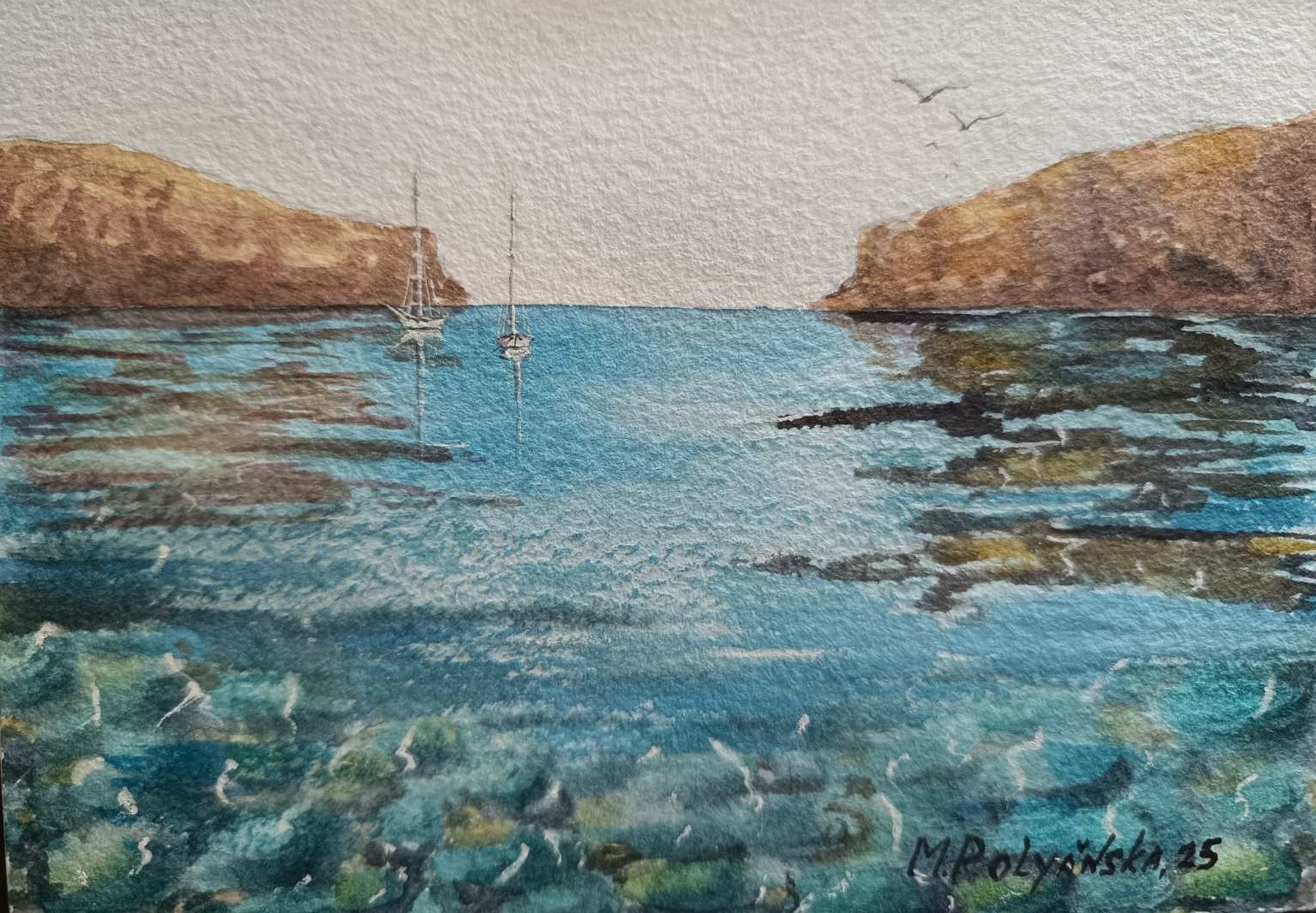 BOAT SEA STONES SKY Original Modern Art Painting Landscape Mountain Seascape A5
