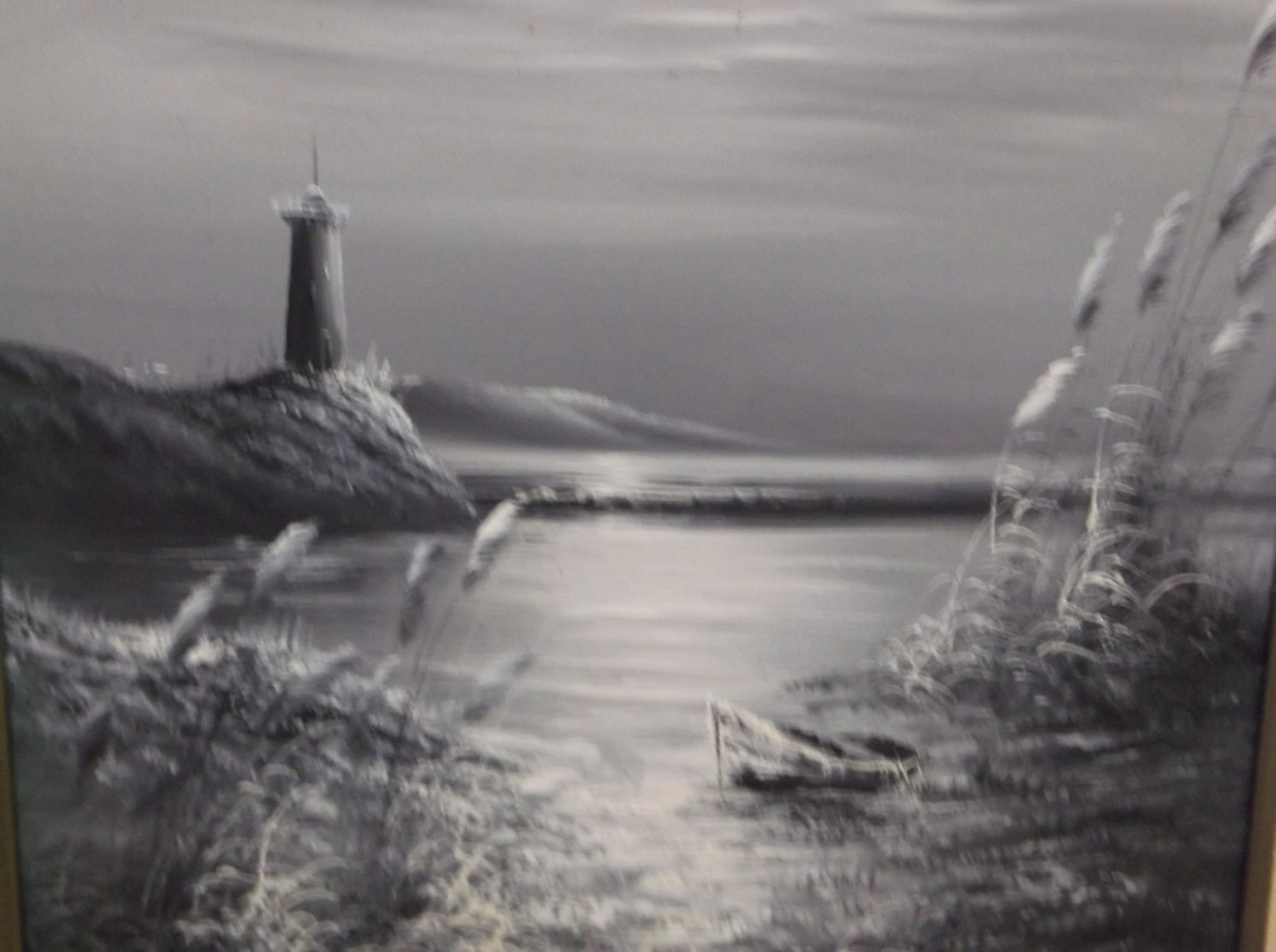 Signed Oil Painting Tranquil Night – Black and White – Full Moon – Lighthouse