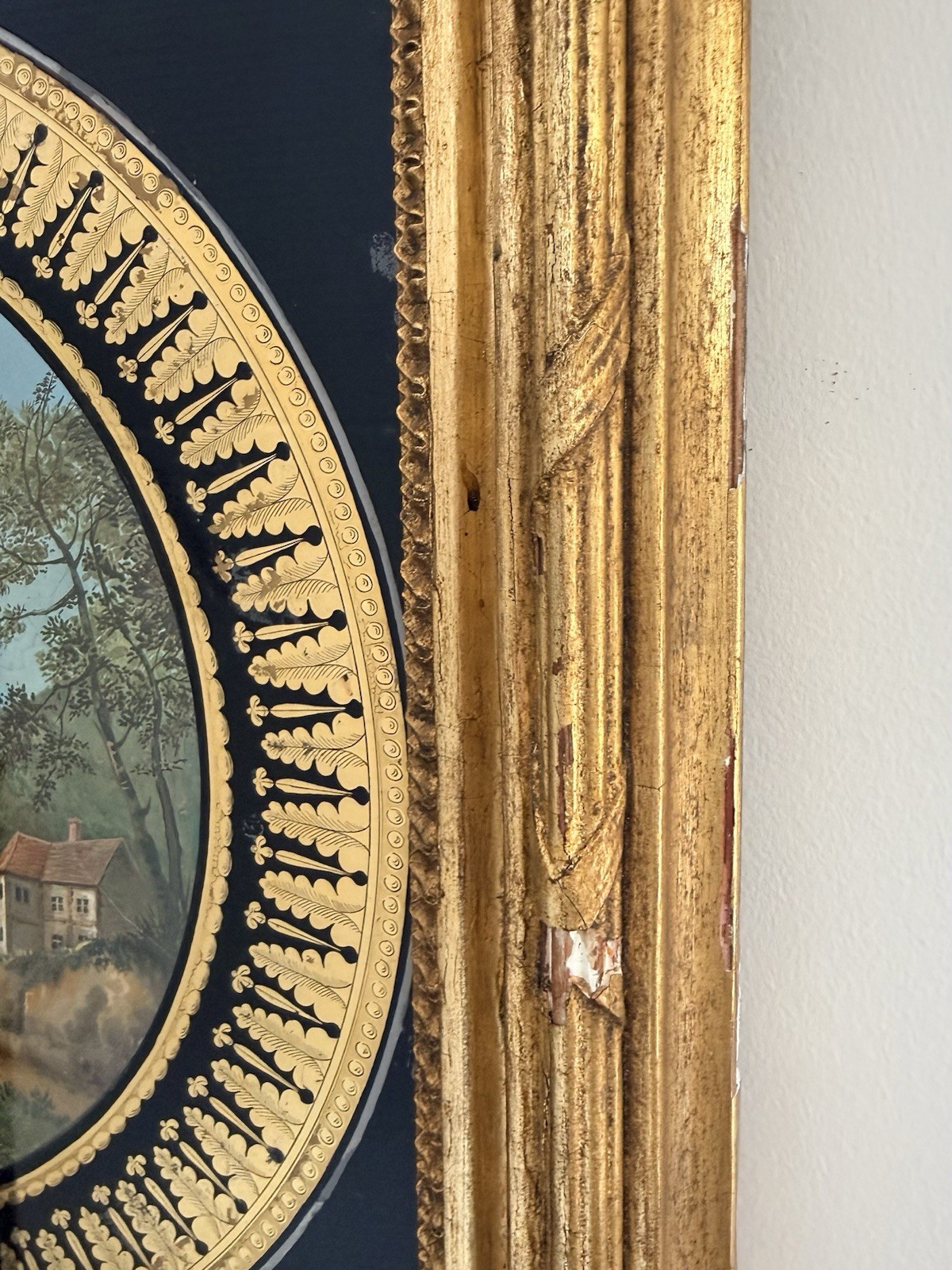 Rare 19th Century Reverse Painted Glass Pastoral Landscape in Giltwood Frame