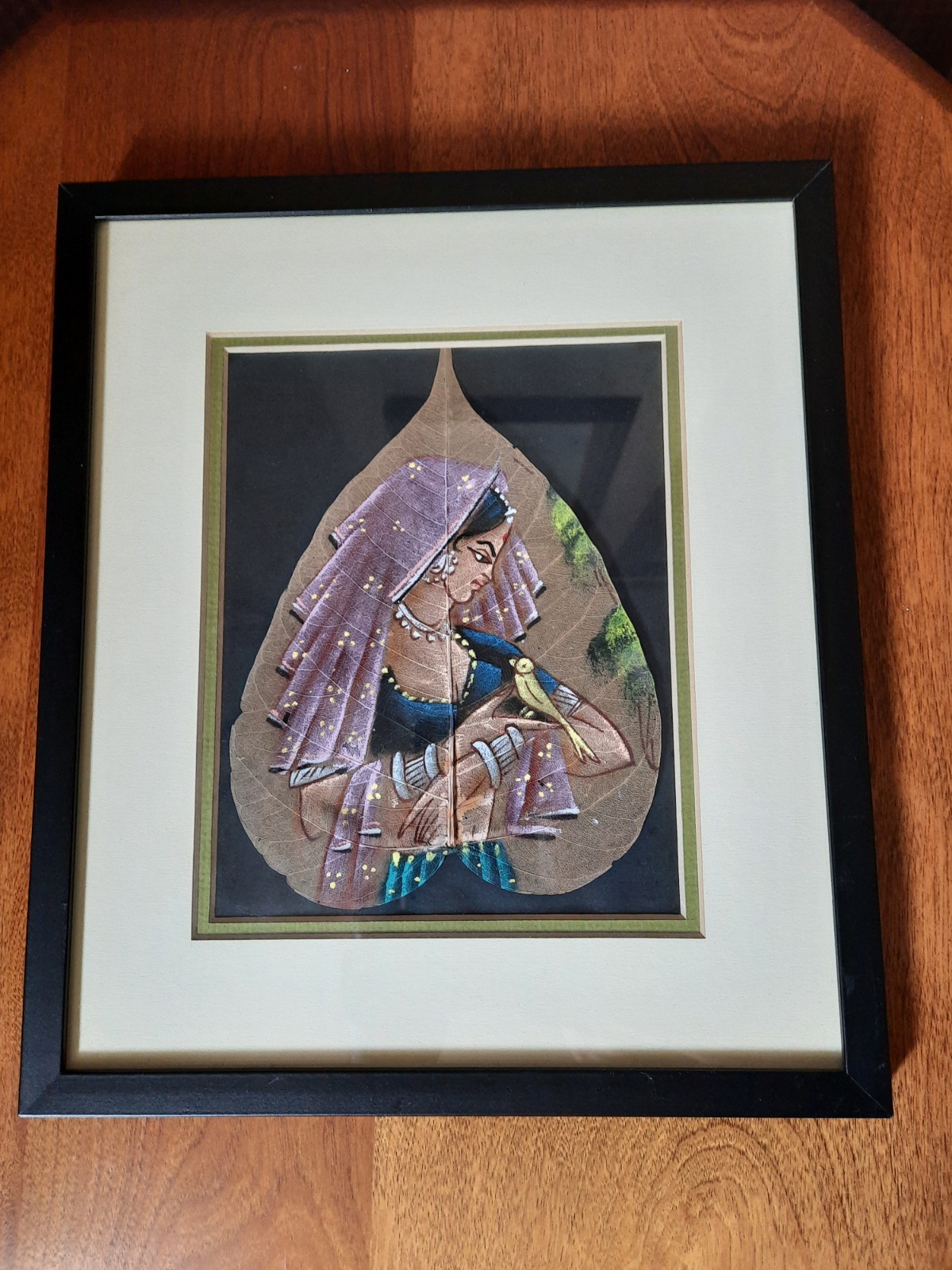5″ X 7″ Hand Painted Woman w/Bird In Oil On Pipal Tree Leaf in 9.5″x11″ Frame
