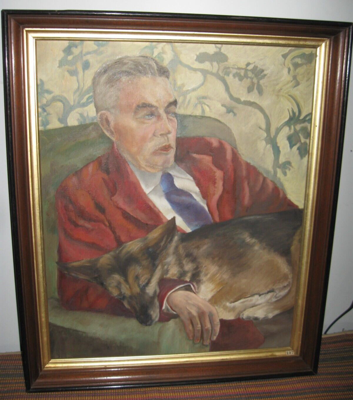 Oil painting Man w/German Shepherd Thoroughbred by artist M.W. Wallace 1880’s