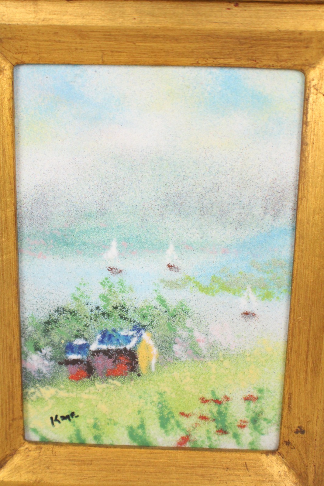 Vintage Farmhouse Landscape Enamel On Copper Painting Gilded Frame Signed Kaye