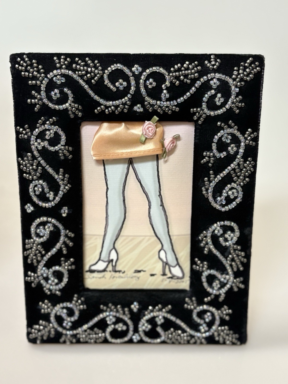 VTG Black Velvet Art Frame with Bead Embroidery SIGNED BY ARTIST 2005