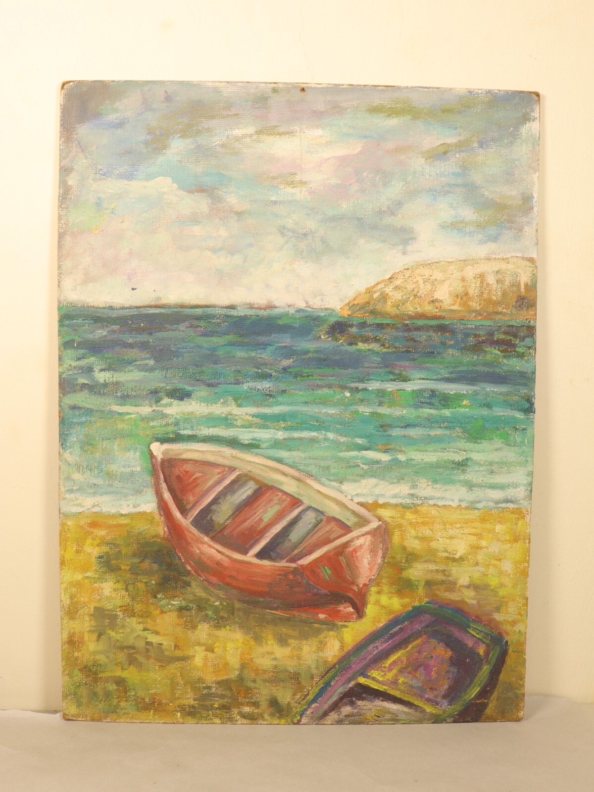 Seaside Tranquility Rare Oil Painting on Canvas Boats On Shore Coastal Landscape