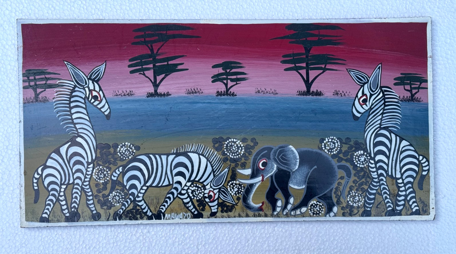MAHWAZO SIGNED ORIGINAL AFRICAN SAFARI PAINTING TINGA TANZANIA ZEBRA ELEPHANT