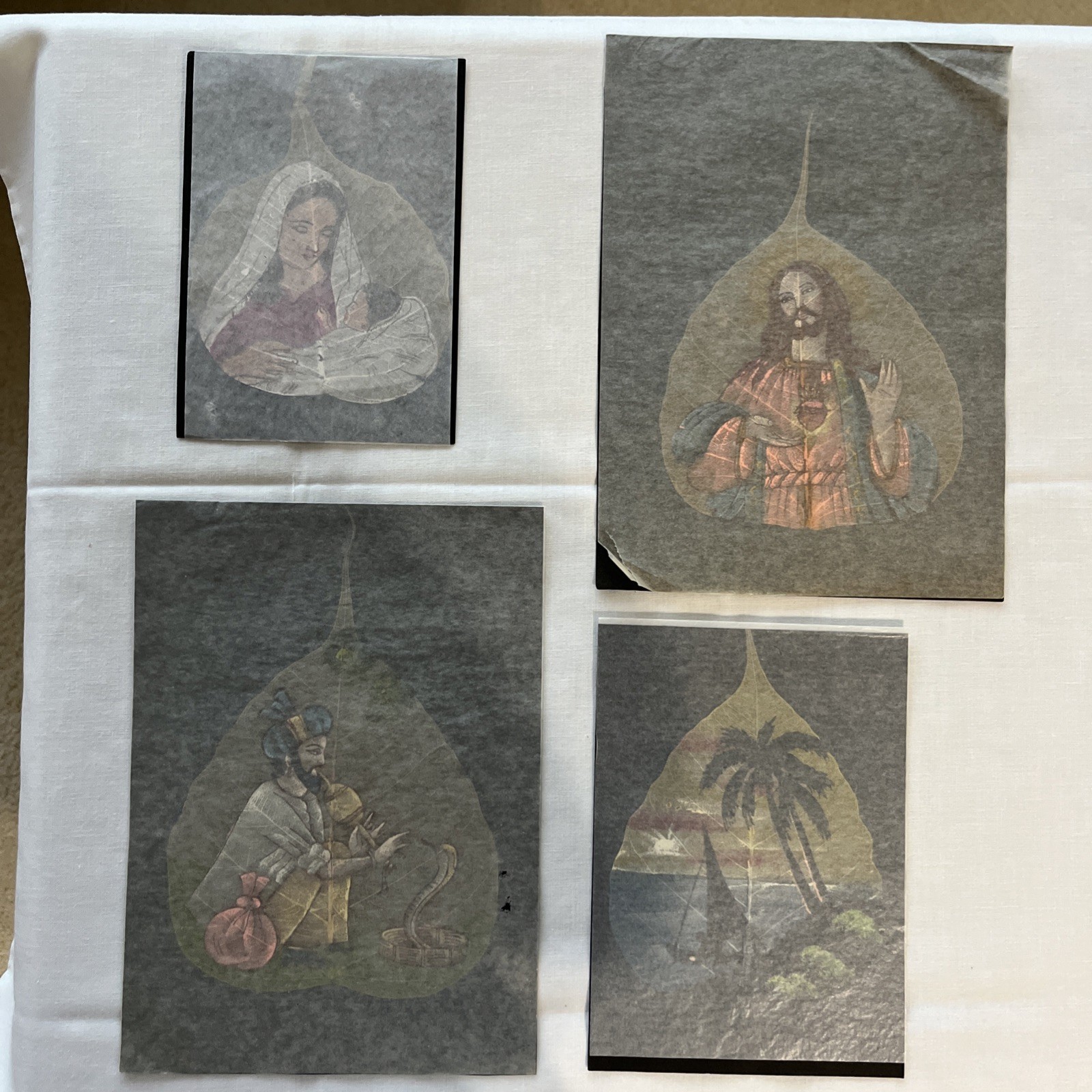 Vtg Set of 4 Vibrant Hand Painted Oil on Skeleton Pipal Tree Leafs India EUC