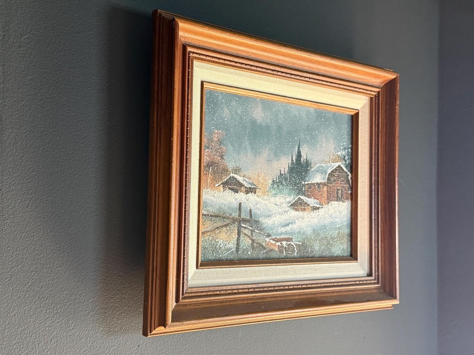 Vintage Original Signed Framed Winter Farm Landscape Oil Painting on Canvas