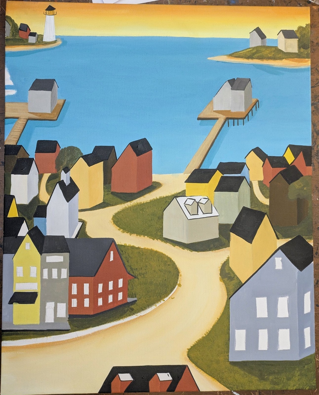 ORIGINAL PAINTING Folk Art Whales Nantucket Lighthouse Primitive Landscape Ships
