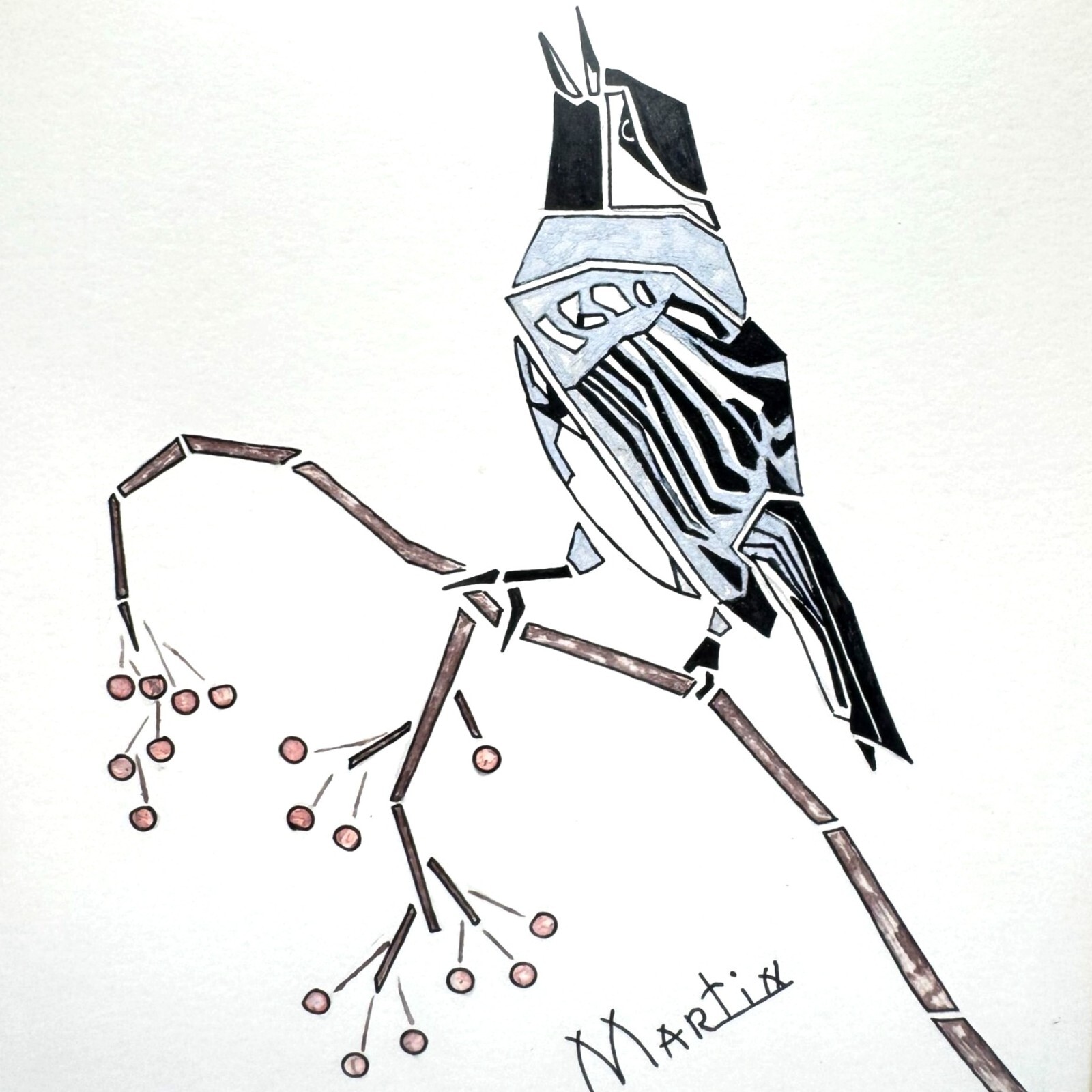 Framed Bird Illustration Signed By Artist Martin Red Bamboo-Style Frame 7.25″