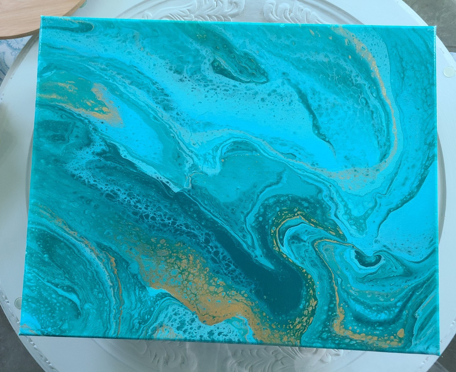 Abstract Blue Teal & Gold Fluid Art Canvas Painting, Unframed Single Piece