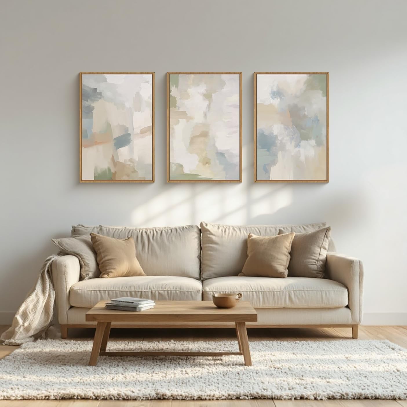 Large Abstract Gray Pastel Framed Canvas Wall Art Set,Neutral Watercolor Brus…