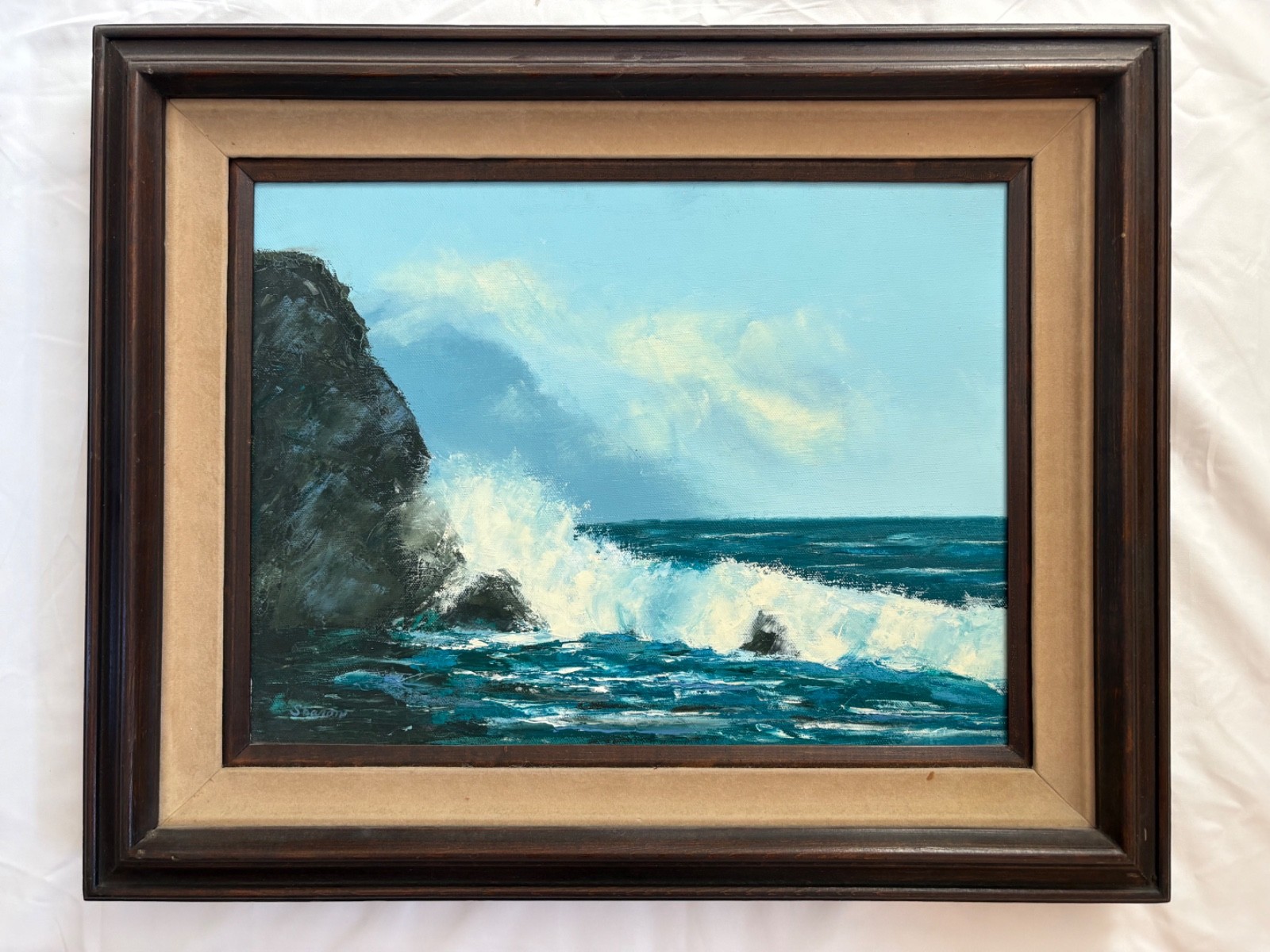Vintage Ocean Seascape Oil Painting Waves Coastal Wood Linen Frame 18×21