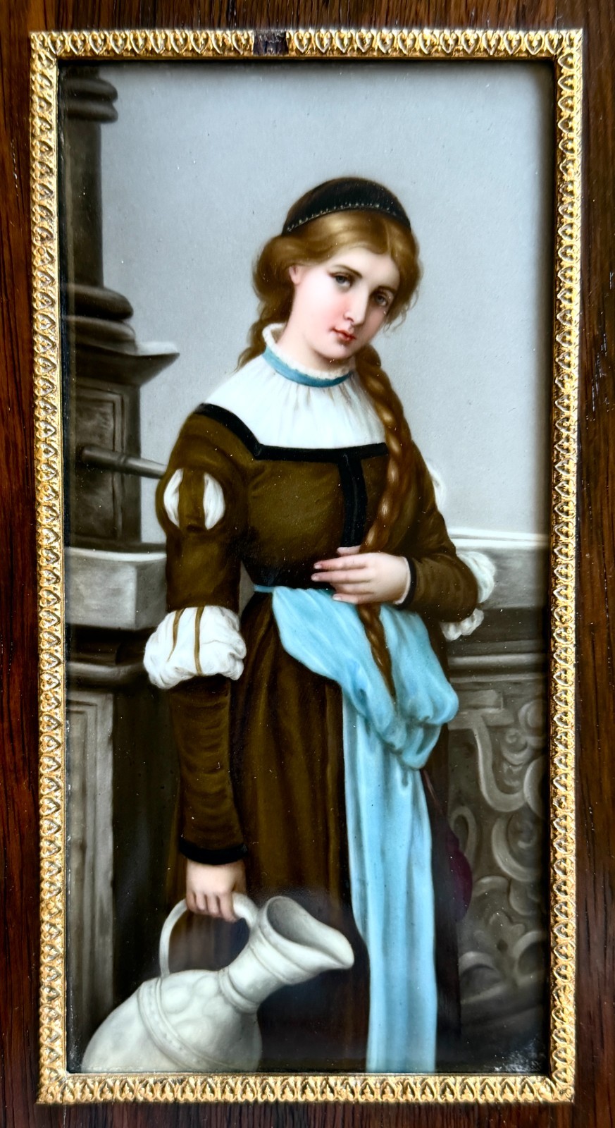 Antique Hand Painted Porcelain Plaque Young Woman w Pitcher Framed