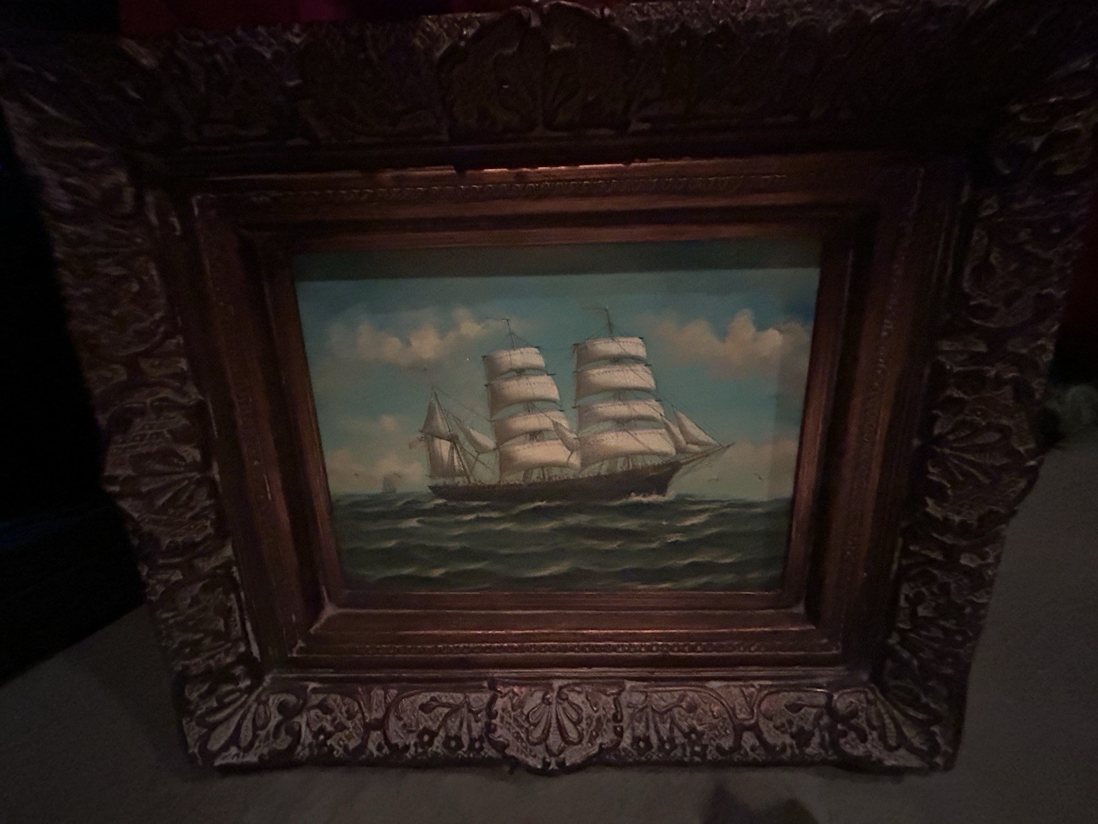 Framed Nautical Oil Painting Sailing Ship Seascape Signed H. Parker 19” x 15”