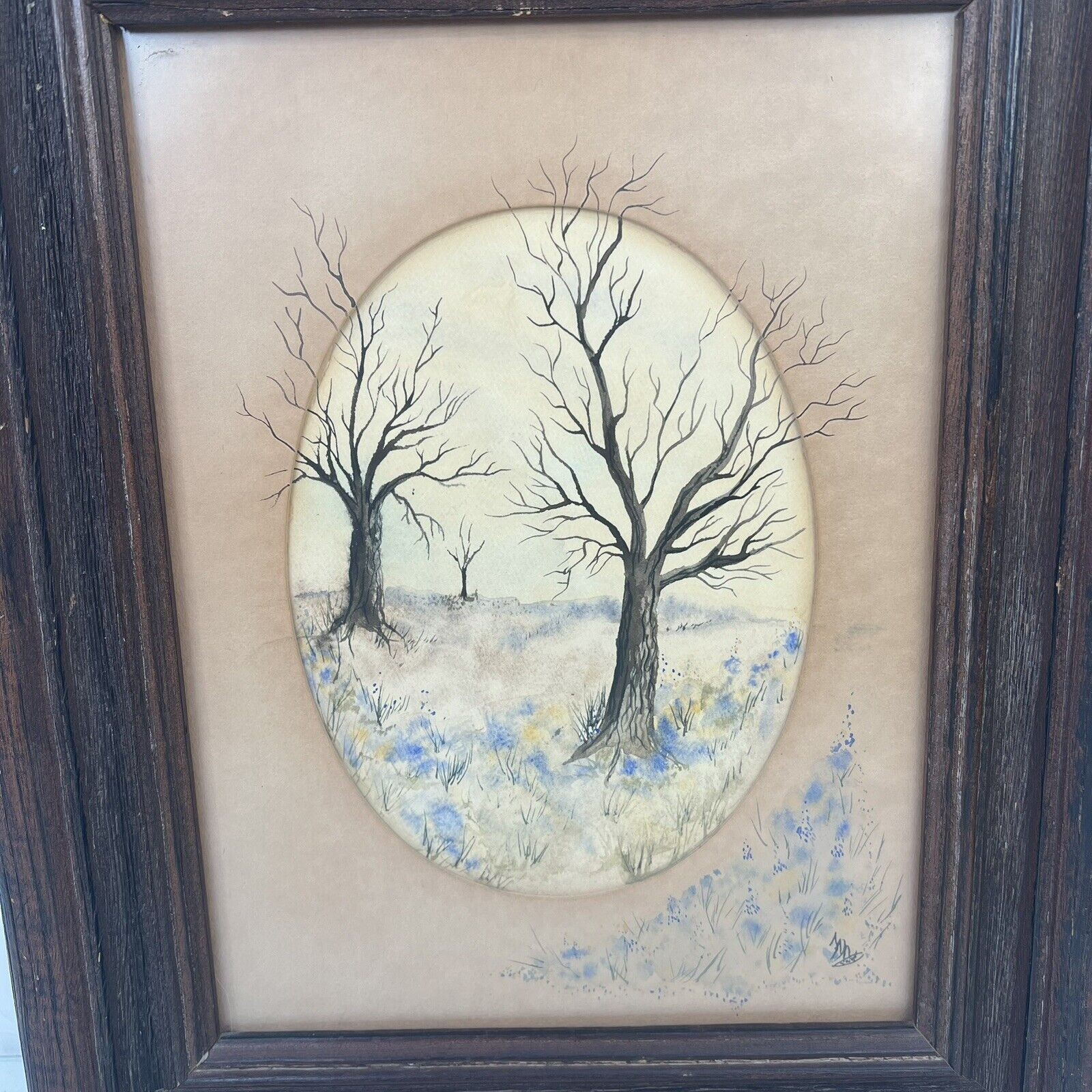 Original Watercolor Painting Framed Signed Autumn Leafless Trees Wood Frame Mat