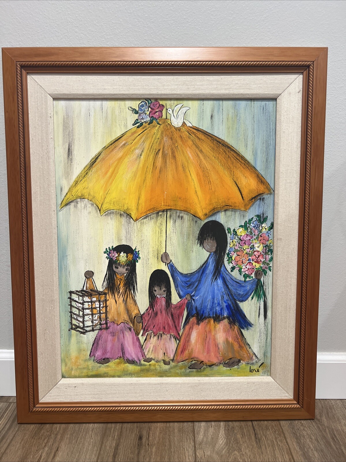 Rare Original Painting Signed By Lori Large Yellow Umbrella 3 Girls