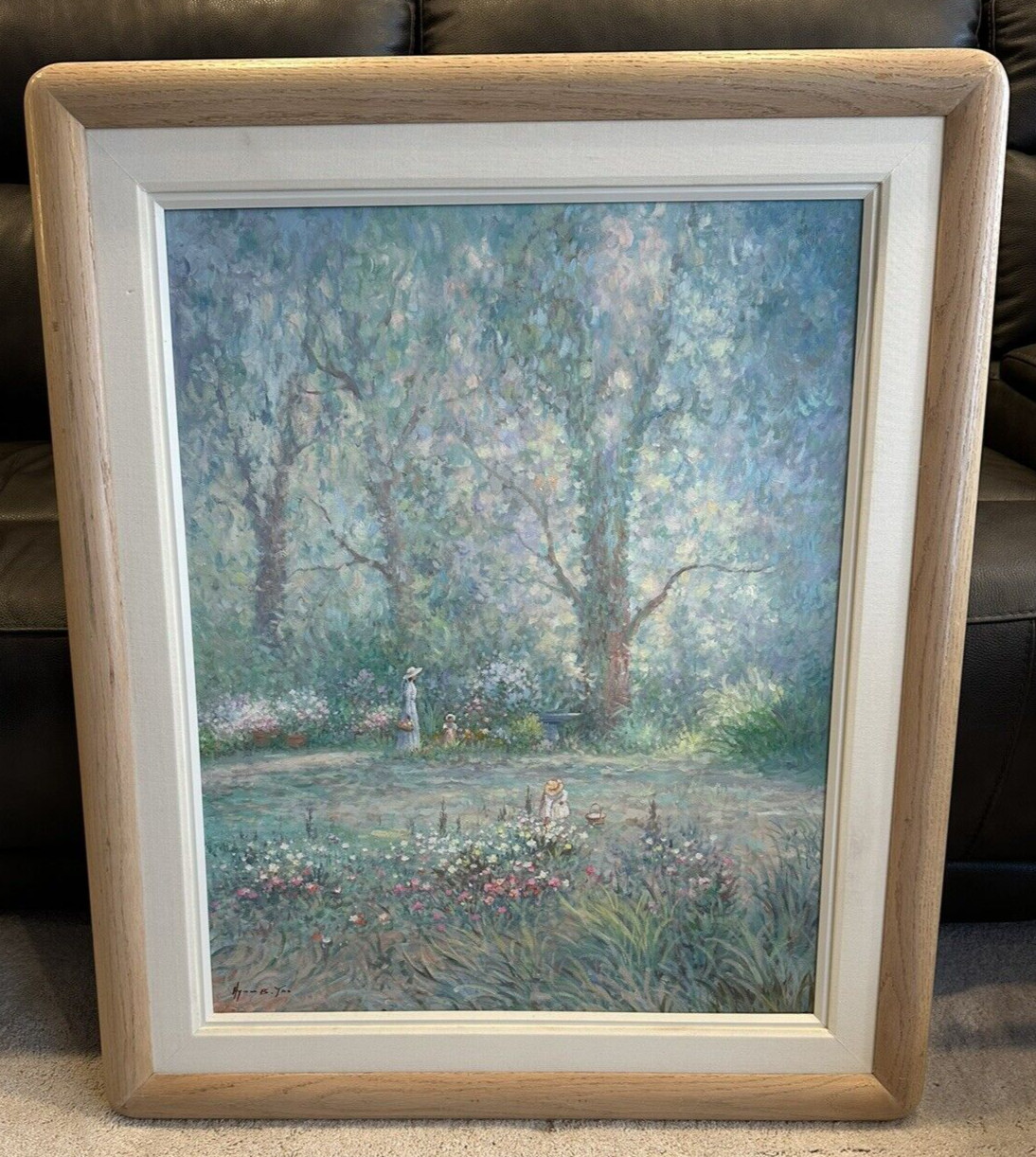 Hyun Bo Yoo «Mother & Child in Flower Garden» Framed Vtg Oil Painting Signed 38″