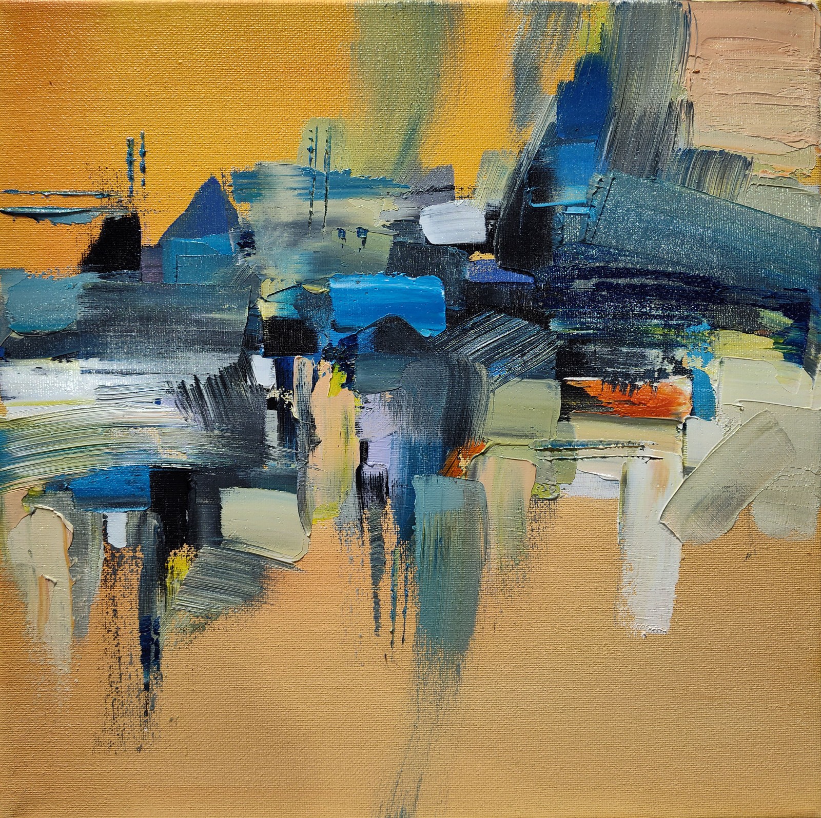Original oil painting 12″x12″, Landscape, Expressionism, Contemporary asrt, City