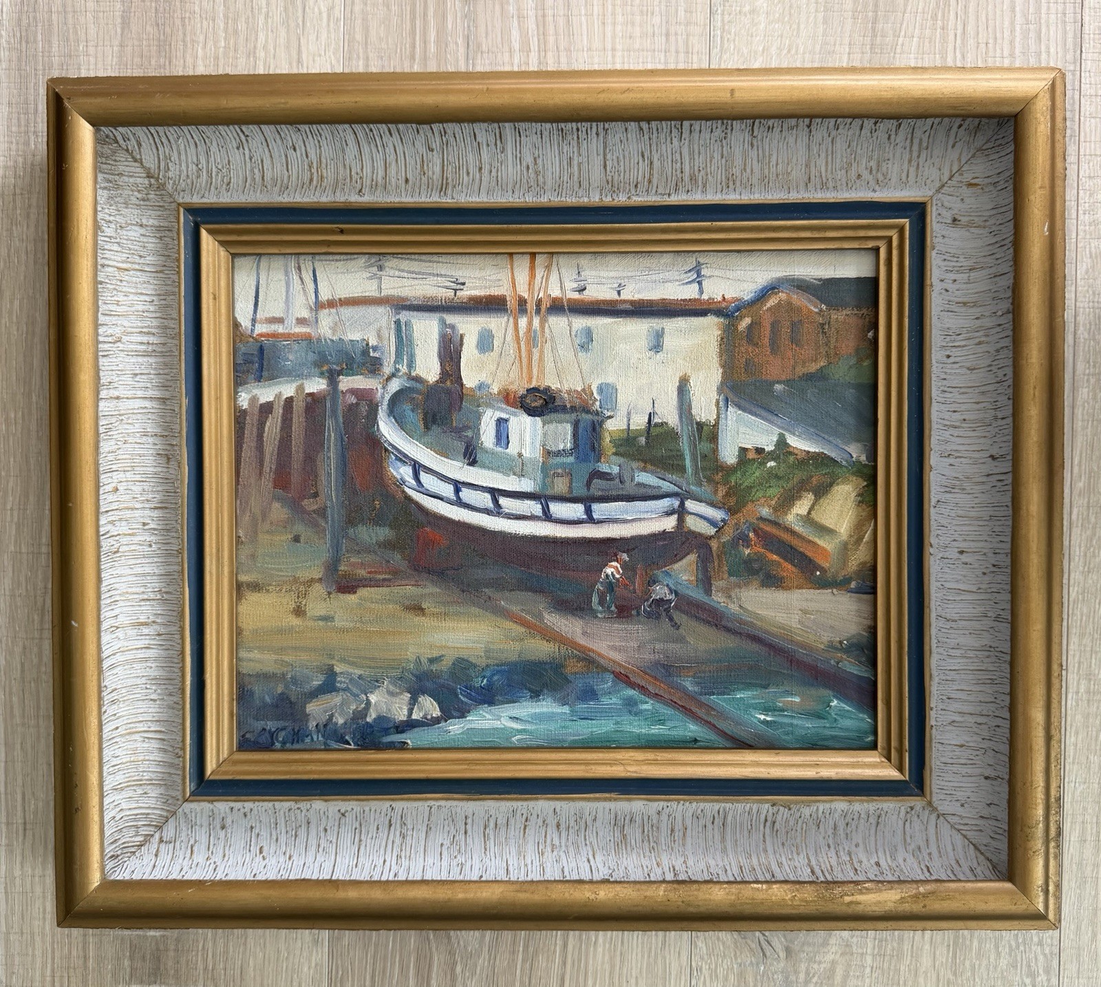 Floyd Copeland Chandler (1920–1995) Boat Launch San Diego Oil Painting Framed