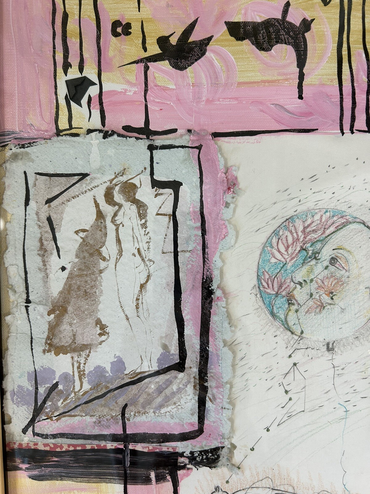 Vintage Abstract Painting Mixed Media Collage Art Framed