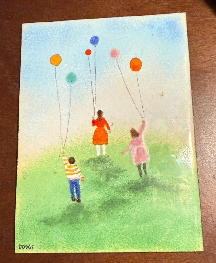 Vintage Signed Dodge Enamel Painting on Copper Children with Balloons