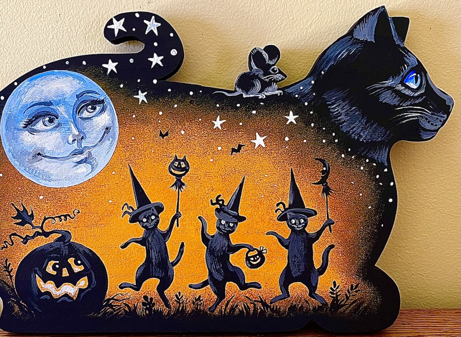 ACEO PRINT OF PAINTING RYTA HALLOWEEN BLACK CAT WITCH AUTUMN FOLK ART Salem 🍁
