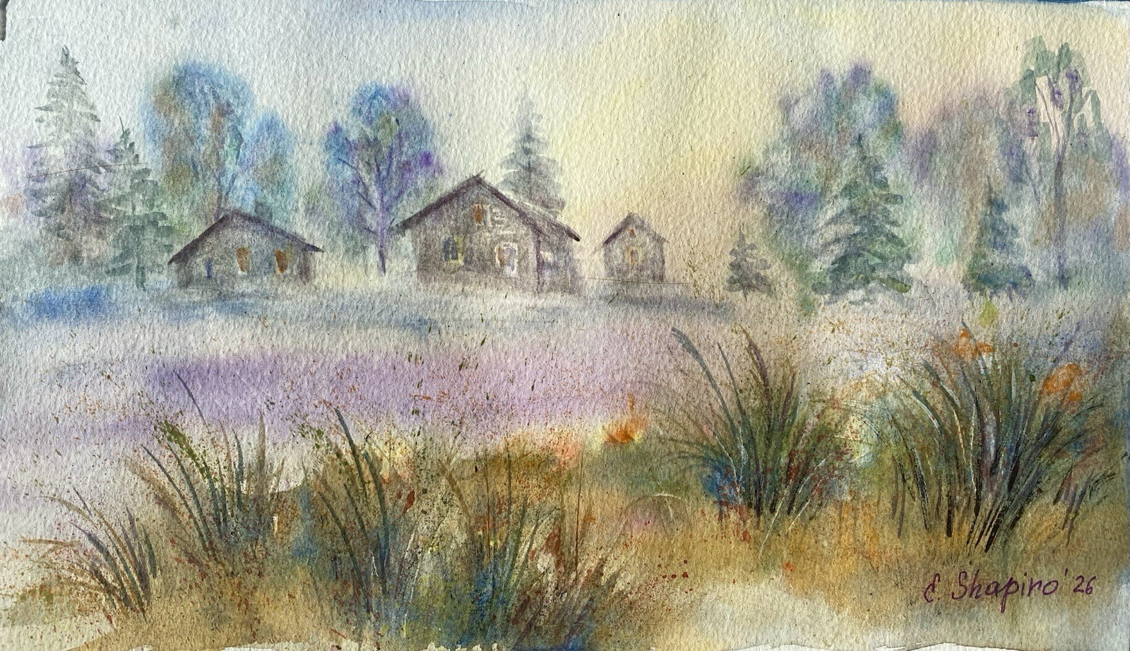 Original Watercolor Painting Foggy Village Landscape 7×12 Moody Wall Art
