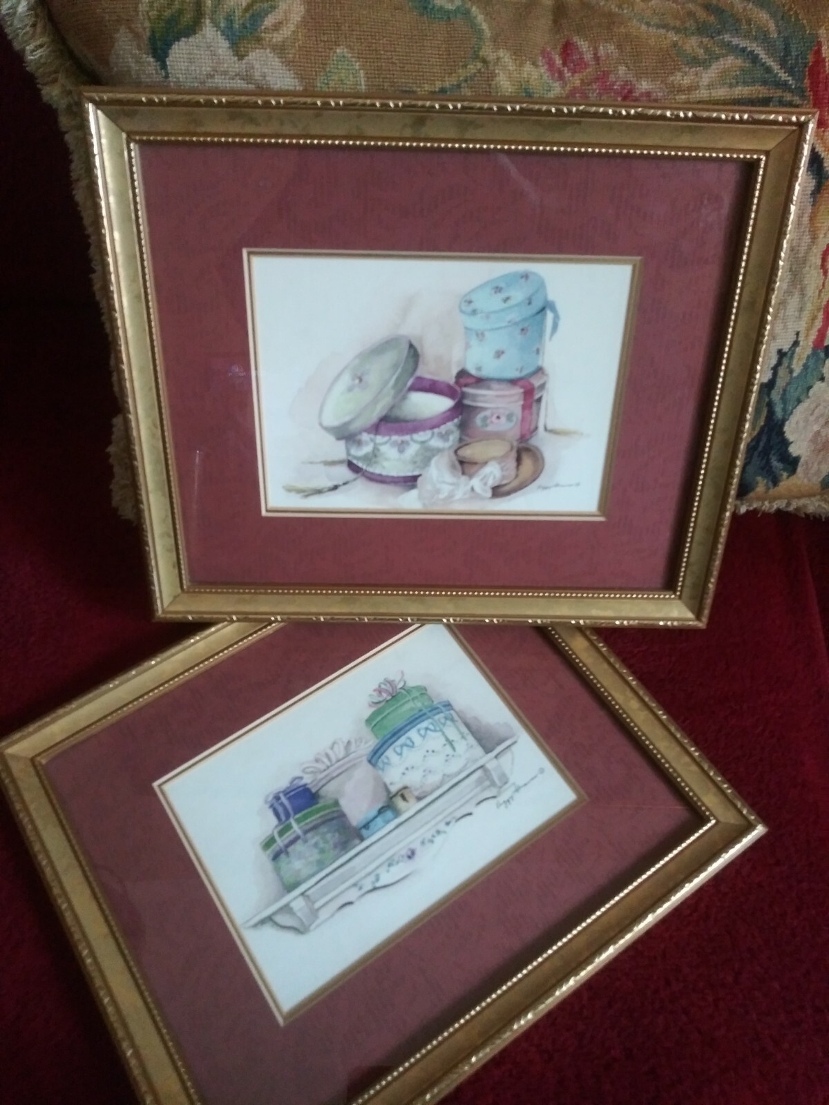 HAT BOXES ART PICTURE PRINTS GOLD FRAME SHABBY CHIC COTTAGE STYLE PAIR