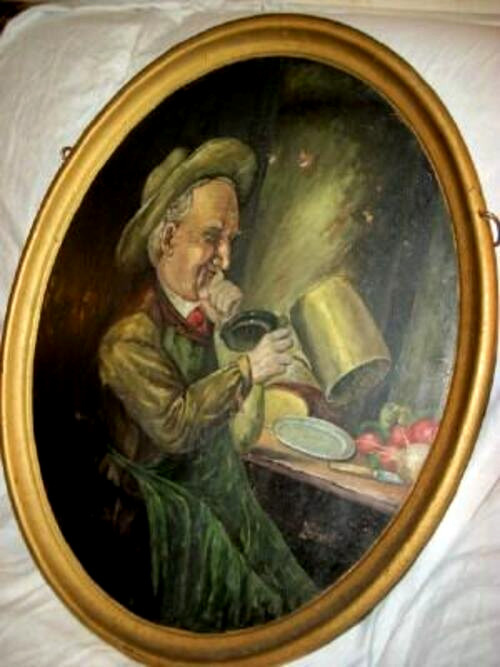 1890s Portrait Oil Painting English Tavern Scene Old Man Tin Metal Antique Rare