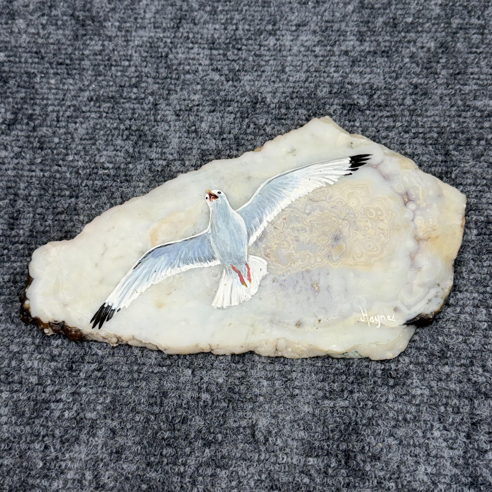 Haynes White Gray Acrylic Seagull Painting On Agate Slice OOAK Signed Beach