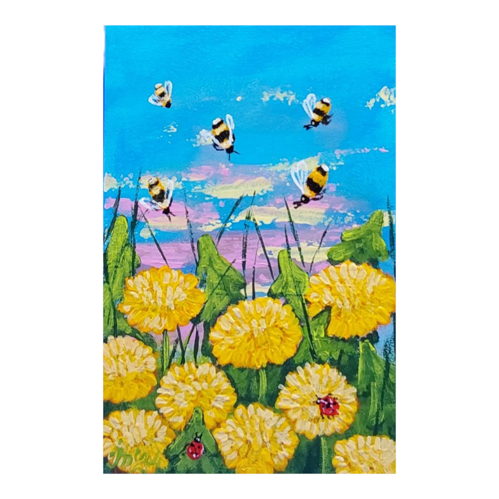 Dandelions Original Painting Honey Bees Ladybugs Wildflowers Handmade Wall Art