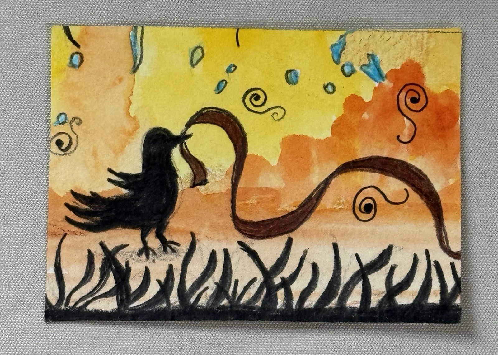 Aceo Original Art Trading Card, sweet Black bird, Sunset, Art By Sommer Rayn